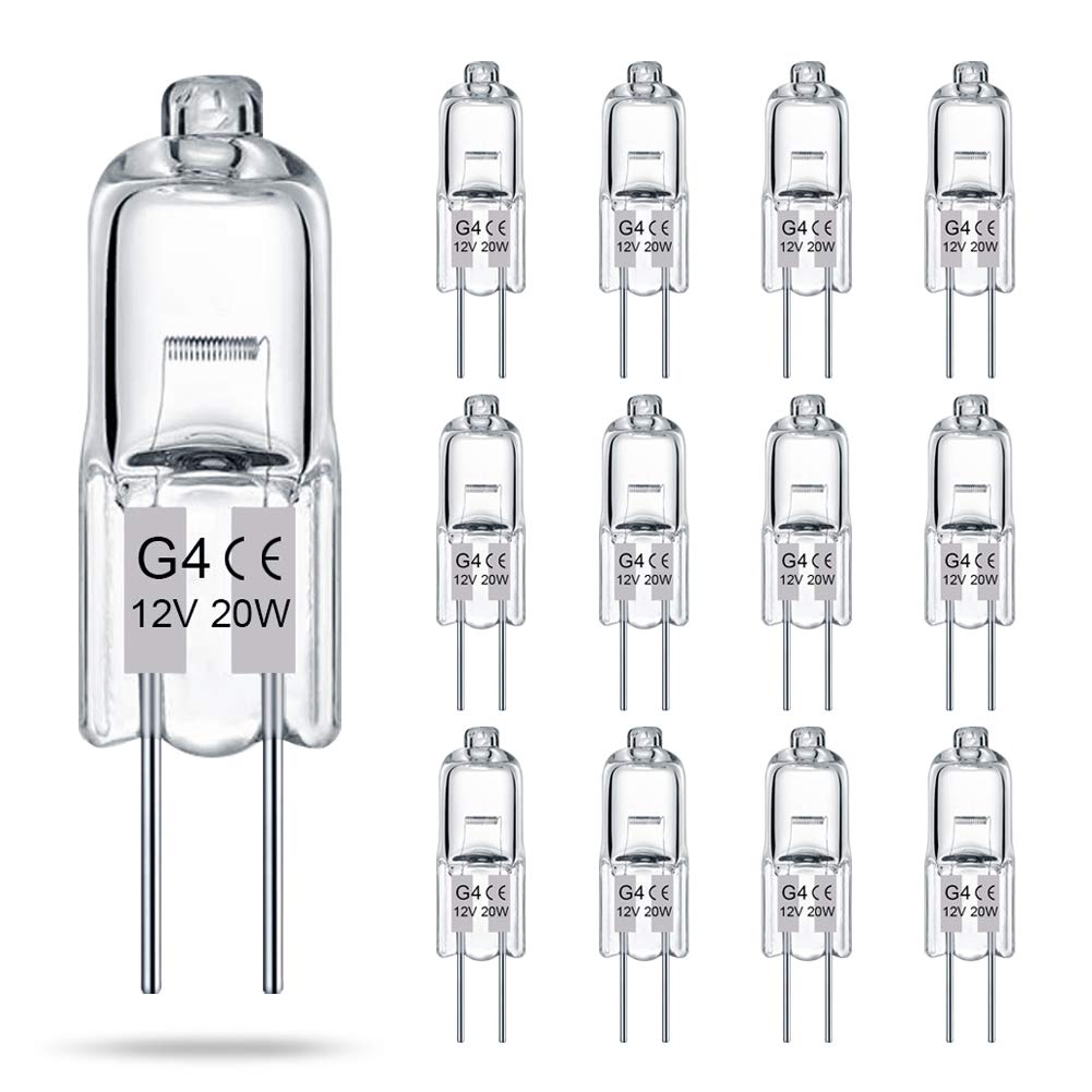 TAIYALOO G4 Bulb 12 Pack Crystal Clear Halogen Light Bulb 2 Pin 12V 20W JC T3 Bi-Pin G4 Base Dimmable 2700K Warm White 2 Prong Light Bulb for Under Cabinet Puck Light, Chandeliers, Landscape Lighting