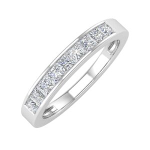 FINEROCK 1/2 Carat Channel Set Princess Cut Diamond Wedding Band Ring in 14K White Gold - IGI Certified (Ring Size 7.25)