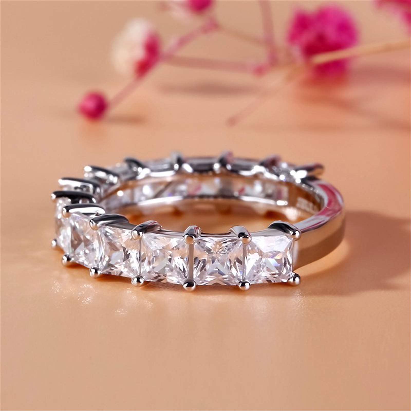 Jeulia Bar Setting Princess Cut Sterling Silver Women's Band Engagement Anniversary Eternity Promise Wedding Band Ring Christmas Gift With Jewelry Box (Silver, 5.5)