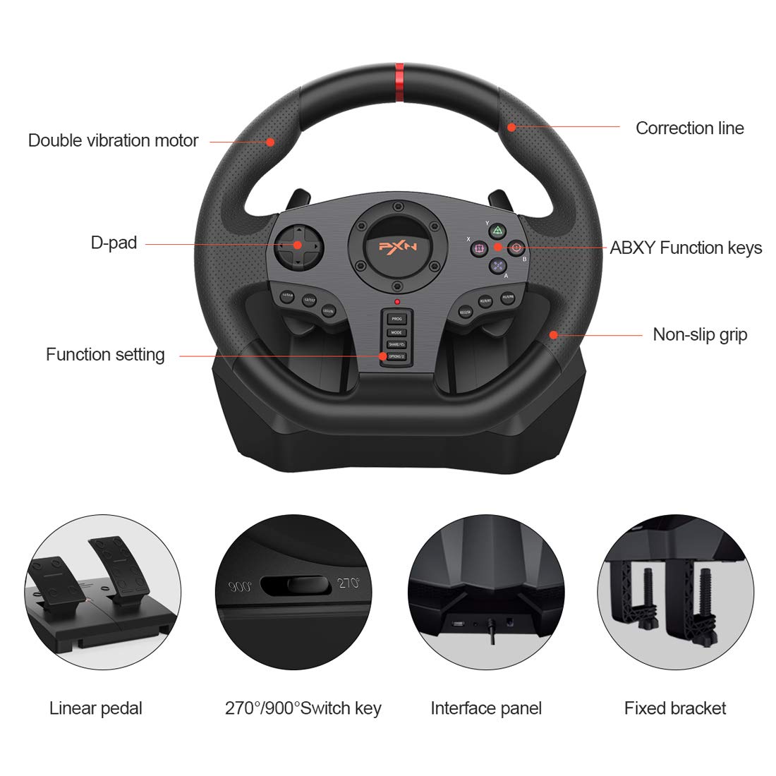 PXN V900 Gaming Steering Wheel - 270/900° PC Racing Wheel with Linear Pedals & Left and Right Dual Vibration for PS4, PC, Xbox One, Xbox Series X|S, Switch