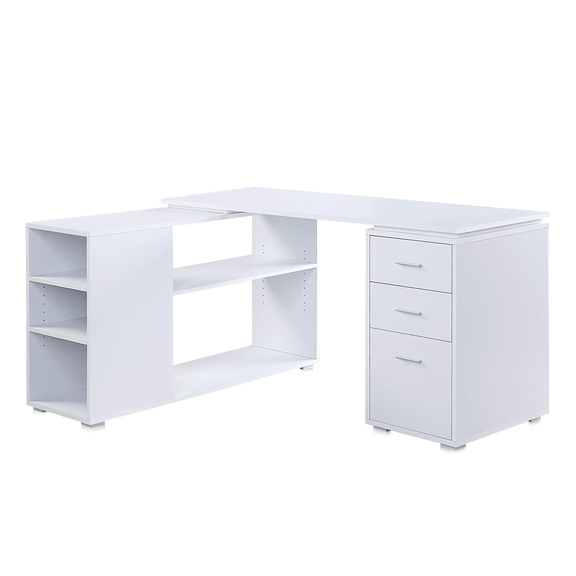 BELLEZE L Shaped Computer Desk, 60” Study Writing Table Home Office Desk Morden Corner Workstation Setup with Adjustable Storage Shelves and 3 Drawers, White