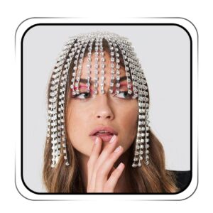 Earent Tassel Rhinestone Cap Headpiece Silver Crystal Head Chain Roaring 1920s Hair Accessories Belly Dance Party Cap Headpieces Bridal Head Jewelry for Women(A-Silver tassel)