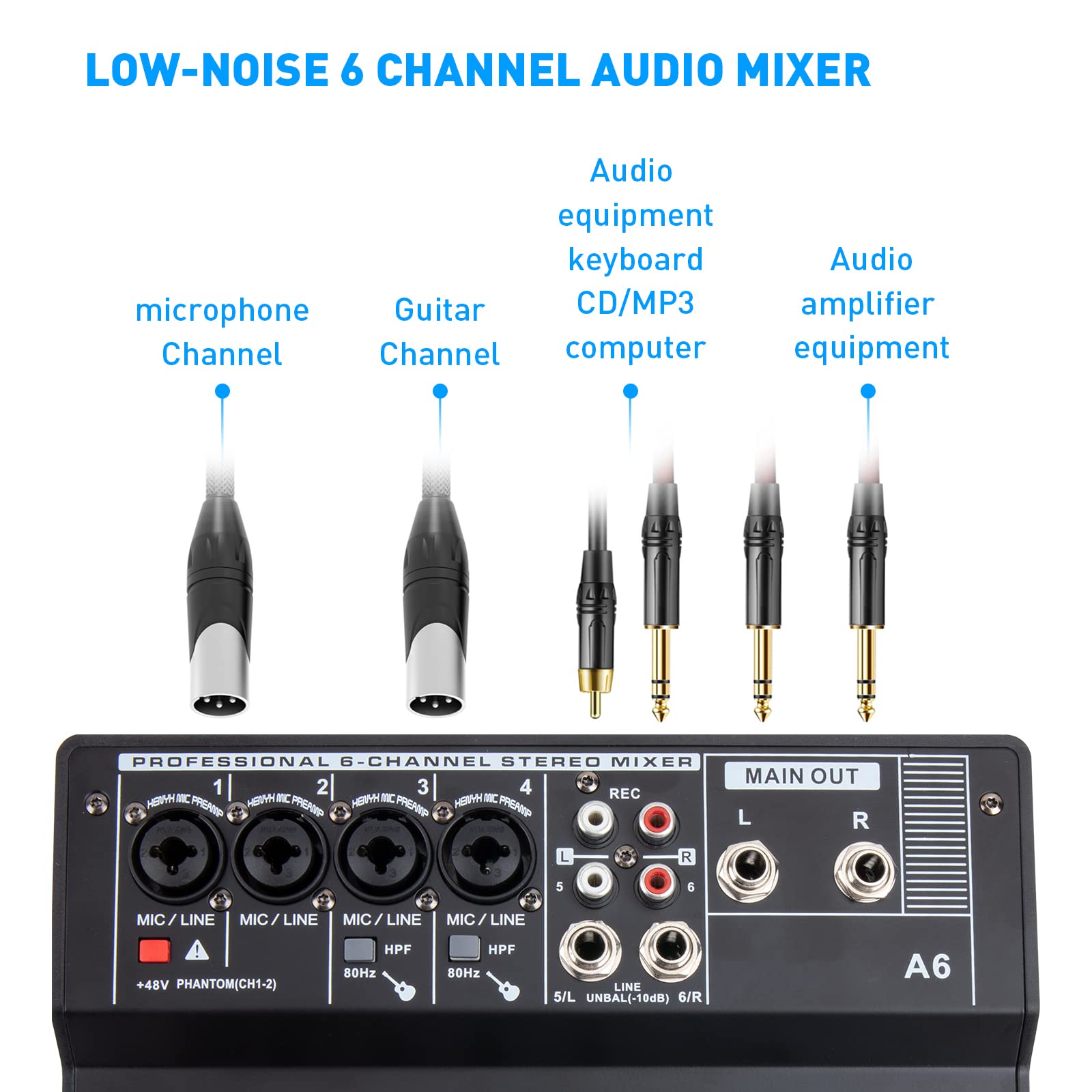 6 Channel Audio Mixer - Portable Digital Line Mixer Console Build-in 24 DSP Effects BT Function 48V Phantom Power for Karaoke Streaming by YOUSHARES