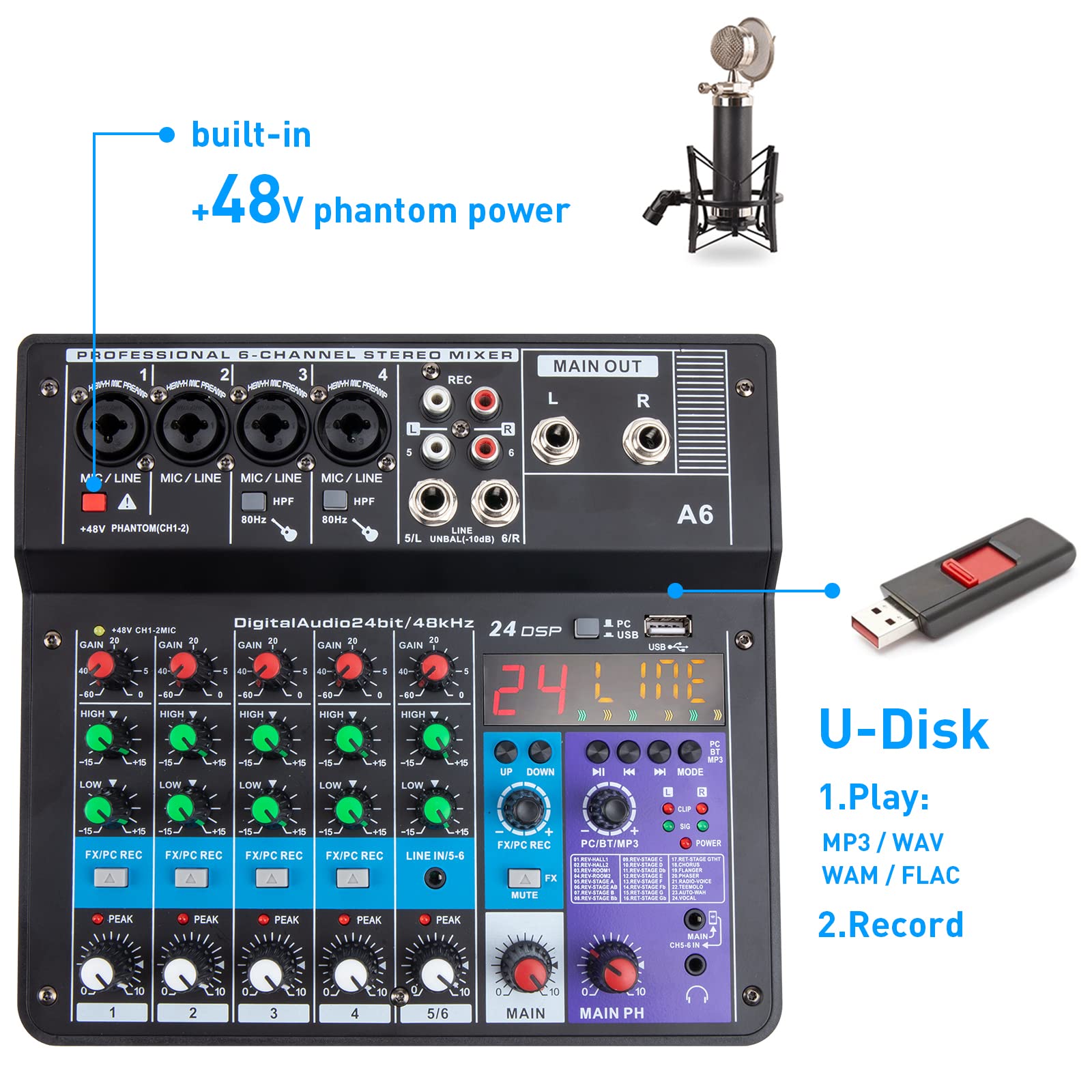 6 Channel Audio Mixer - Portable Digital Line Mixer Console Build-in 24 DSP Effects BT Function 48V Phantom Power for Karaoke Streaming by YOUSHARES