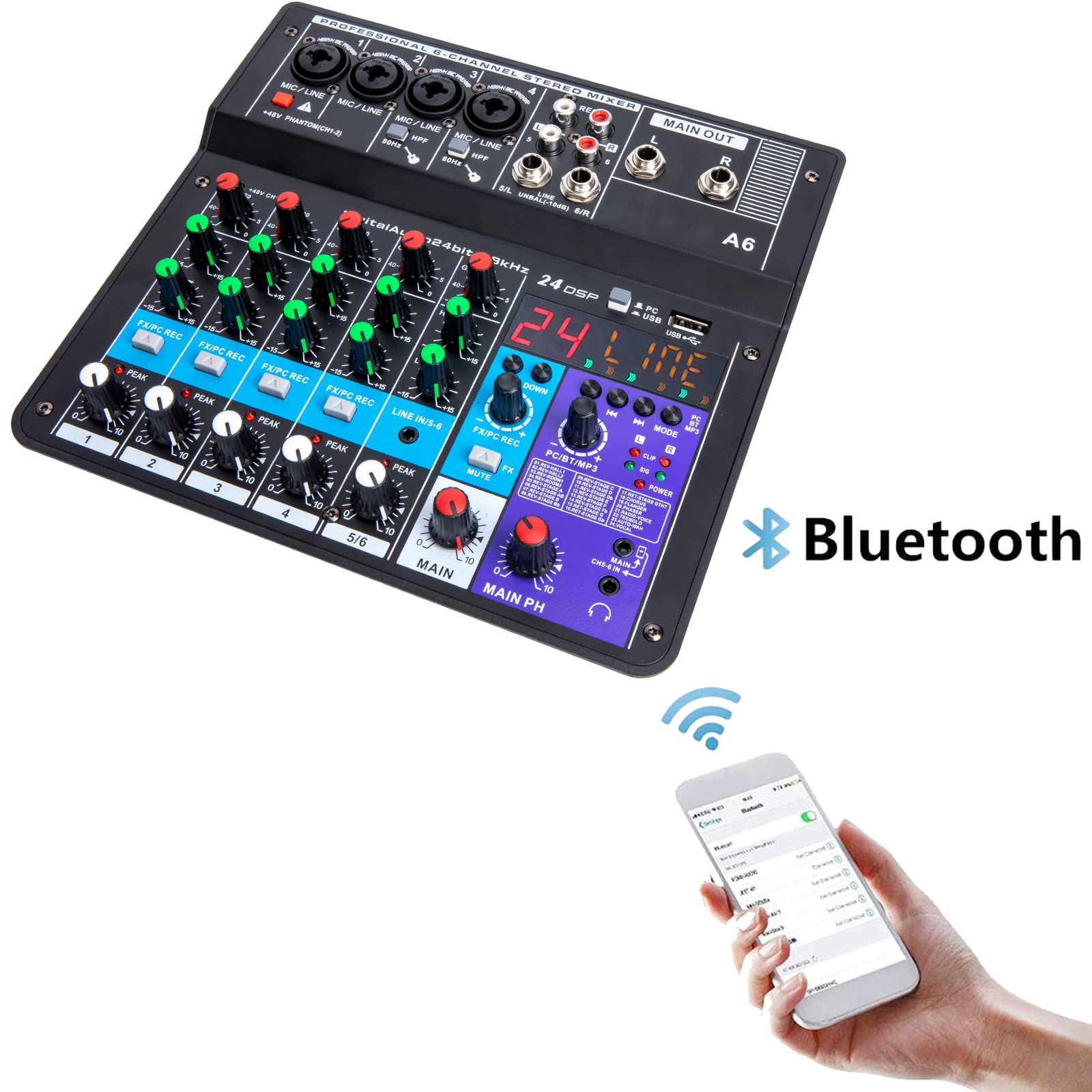 6 Channel Audio Mixer - Portable Digital Line Mixer Console Build-in 24 DSP Effects BT Function 48V Phantom Power for Karaoke Streaming by YOUSHARES