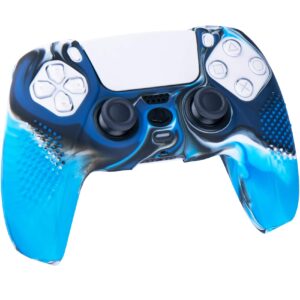 9CDeer 1 Piece of Silicone Studded Dots Protective Sleeve Case Cover Skin + 6 Thumb Grips Analog Caps for PS5 Controller, Camouflage blue