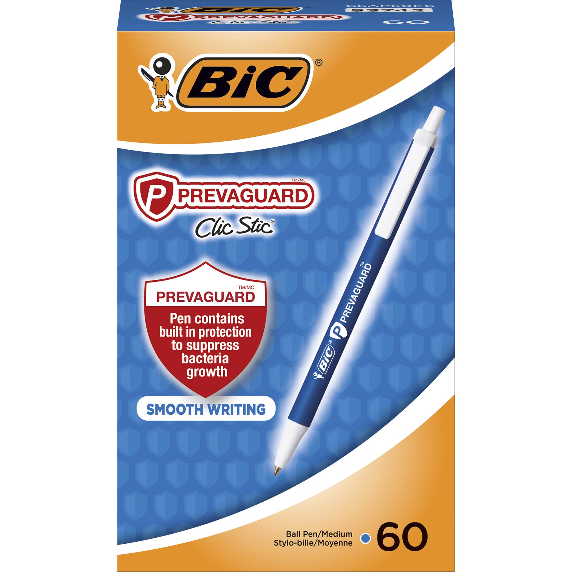 BIC PrevaGuard Clic Stic Ballpoint Pen, Medium Point (1.0mm), 60-Count Pack, Perfect Black Ballpoint Pens for Nurses with Built-in Protection on the Pen to Suppress Microbial Growth