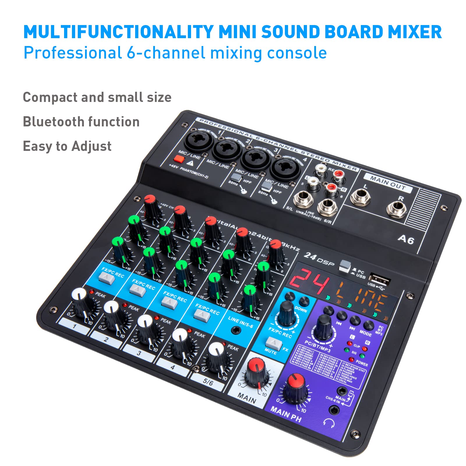 6 Channel Audio Mixer - Portable Digital Line Mixer Console Build-in 24 DSP Effects BT Function 48V Phantom Power for Karaoke Streaming by YOUSHARES