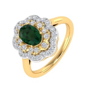 1.05 Carat Oval Shape Emerald and Round Diamond Engagement Ring in 10K Yellow Gold (Ring Size 6.75)