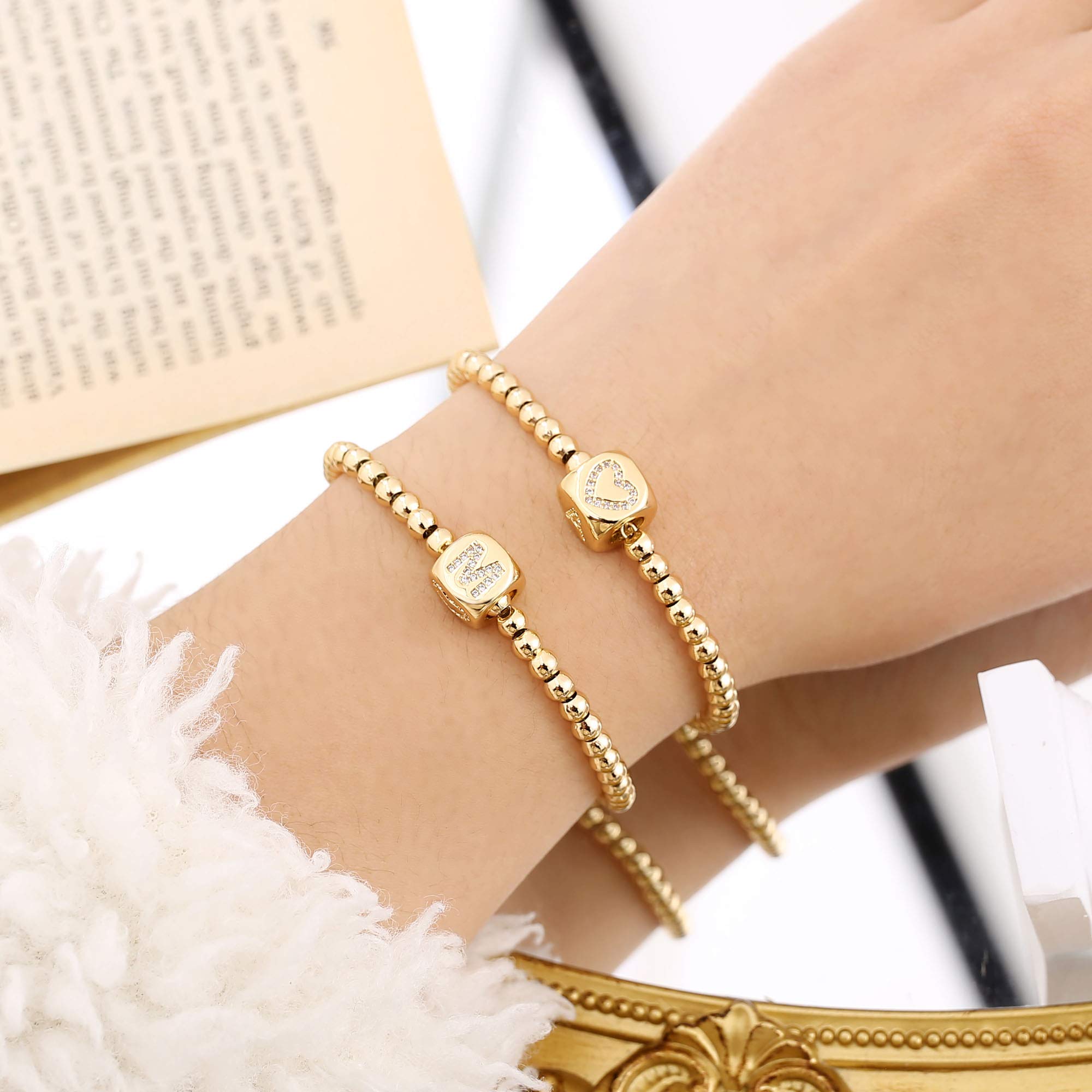 Yoosteel Gold Initial Bead Bracelets for Women Trendy, 14K Gold Filled Cute P Letter Bracelet Personalized Gold Jewelry Gold Bead Bracelets for Women Friends Bridesmaids Gold Jewelry Gifts for Women