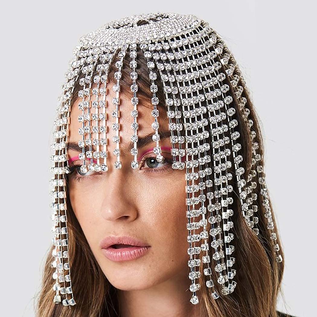 Earent Tassel Rhinestone Cap Headpiece Silver Crystal Head Chain Roaring 1920s Hair Accessories Belly Dance Party Cap Headpieces Bridal Head Jewelry for Women(A-Silver tassel)