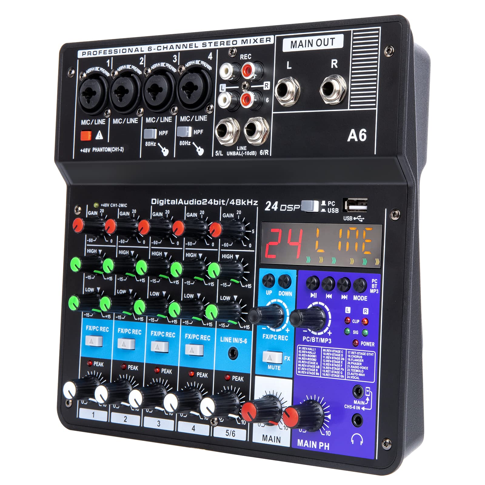 6 Channel Audio Mixer - Portable Digital Line Mixer Console Build-in 24 DSP Effects BT Function 48V Phantom Power for Karaoke Streaming by YOUSHARES