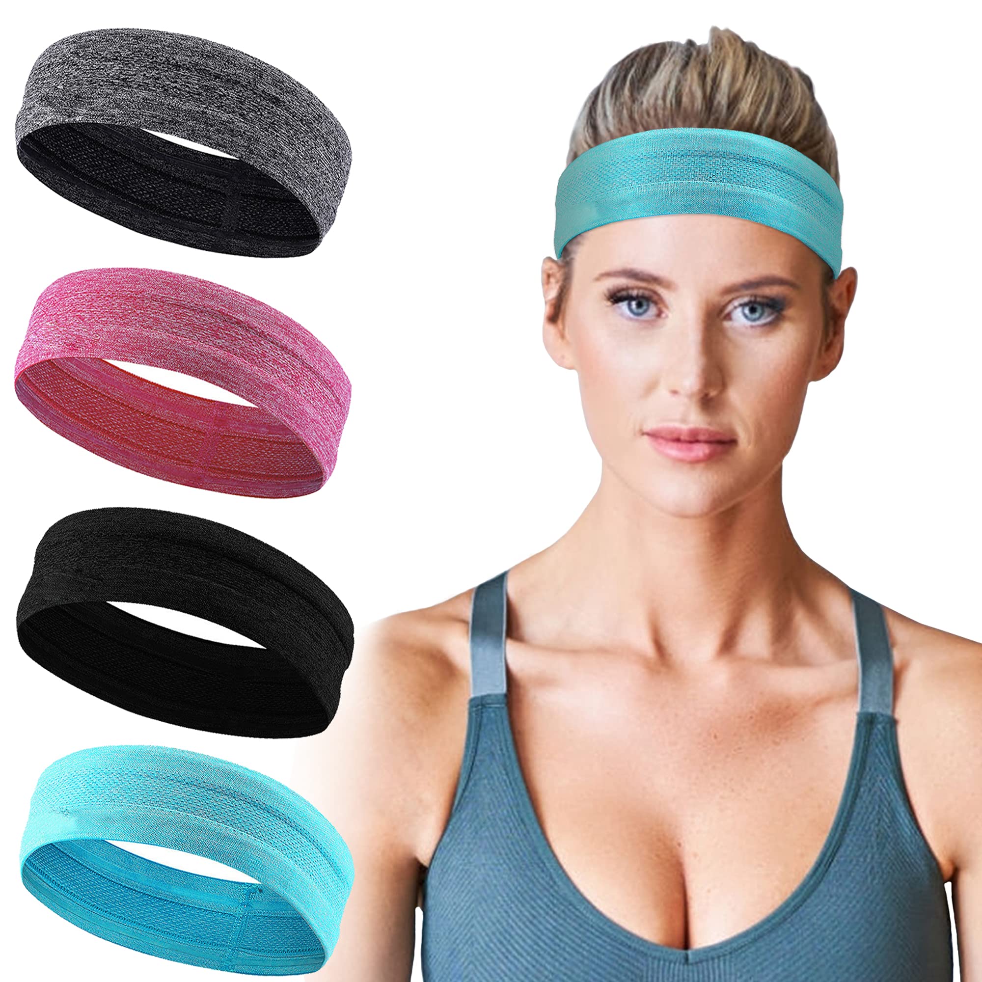 ASM SPORTS, Sweat Bands Headbands for Women, Workout Headbands for Women, Moisture Wicking for Womens Sports Headband, All Hair Style and Head Size, Cool Feel, Quickly Dry (4PCS)