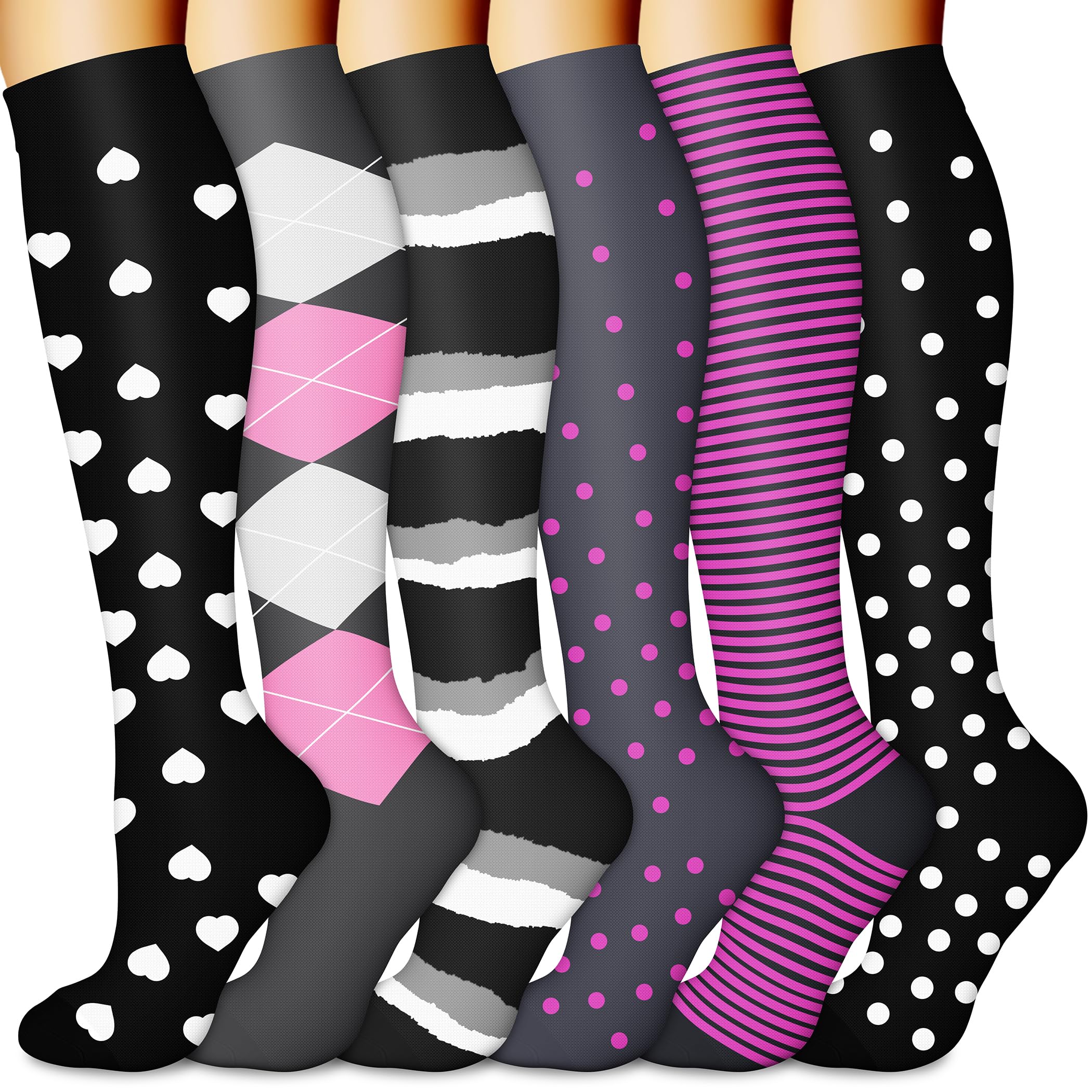 CHARMKING 6 Pairs-Compression Socks for Women & Men Circulation Best Support for Nurses, Running, Athletic,Flight Travel (Multi 22,L/XL)