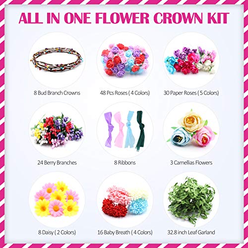 Loycyoec Flower Crowns Kit for Girls, Make Your Own Flower Crowns and Bracelets, Handmade Flower Crown Wreath Headbands, DIY Fairy Flower Headbands for Girls Gift