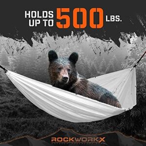 Camping Hammock by ROCKWORKX USA Single & Double Portable Multi-Use as Sunshade/Weather Shade/Tent Cover for Compact Travel Indoor & Outdoor (Multiple Colors)