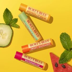 Burt's Bees Lip Balm - Original Beeswax, Cucumber Mint, Watermelon & Sweet Mandarin, With Responsibly Sourced Beeswax, Tint-Free, Natural Origin Treatment, 4 Tubes, 0.15 oz.