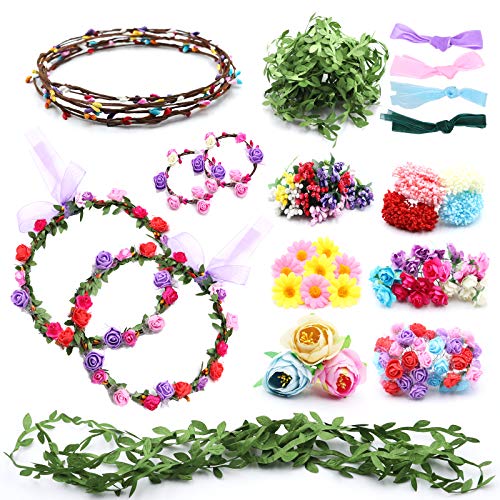 Loycyoec Flower Crowns Kit for Girls, Make Your Own Flower Crowns and Bracelets, Handmade Flower Crown Wreath Headbands, DIY Fairy Flower Headbands for Girls Gift