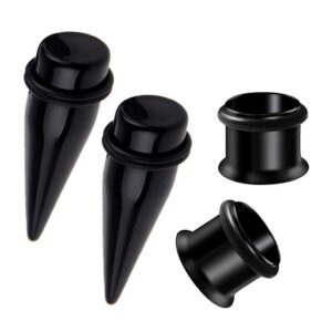 HEKEUOR 1/2" 12mm Black Acrylic Tapers + Stainless Steel Black Single Flare Plugs with O Rings (Black Tapers + Black Plugs)