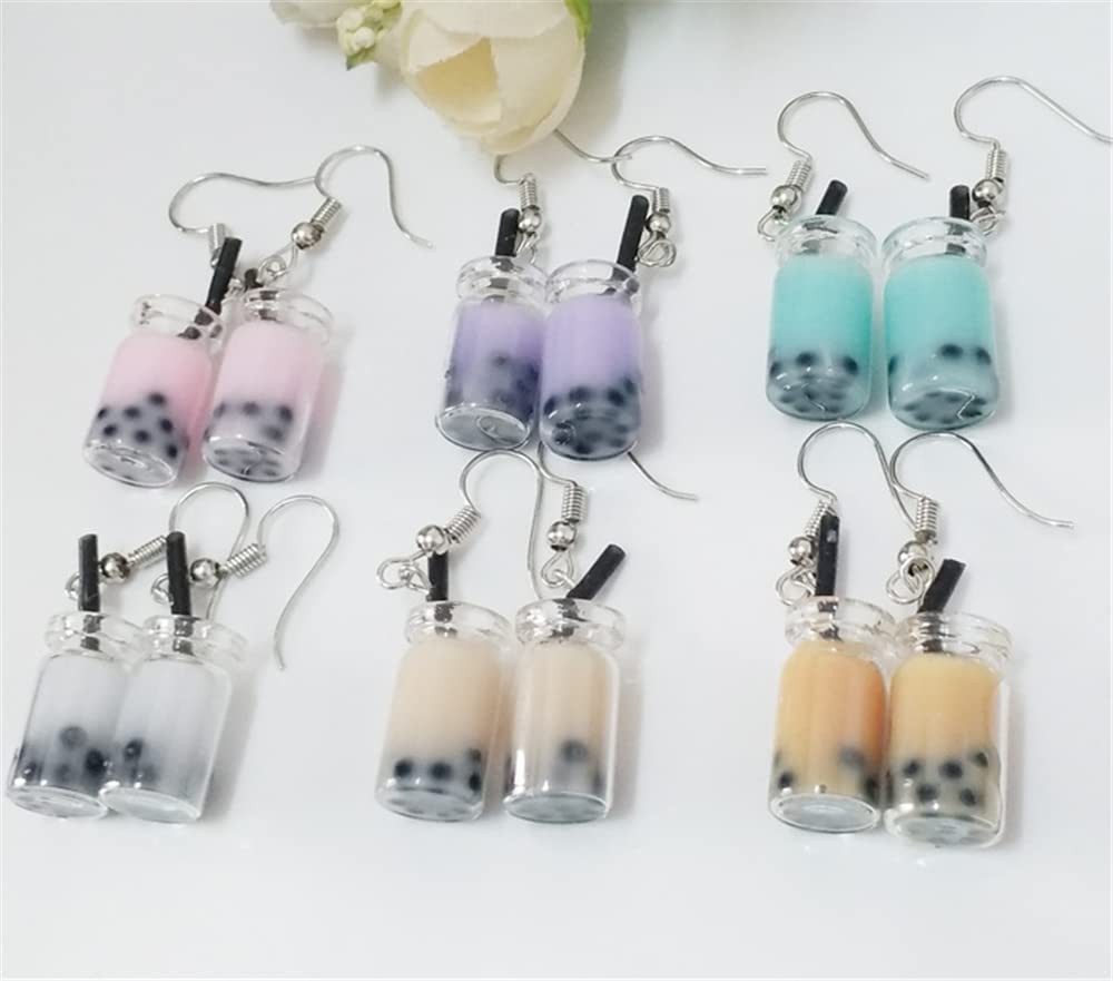 6 Pairs Creative Unique Bubble Boba Tea Dangle Earrings Funny Personality Milk Tea Drink Earring Colorful Glass Bottle Funny Earrings for Women Party Jewelry Gifts (6 Color)