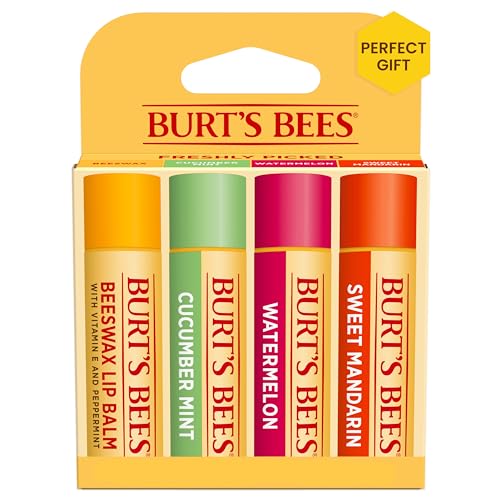 Burt's Bees Lip Balm - Original Beeswax, Cucumber Mint, Watermelon & Sweet Mandarin, With Responsibly Sourced Beeswax, Tint-Free, Natural Origin Treatment, 4 Tubes, 0.15 oz.