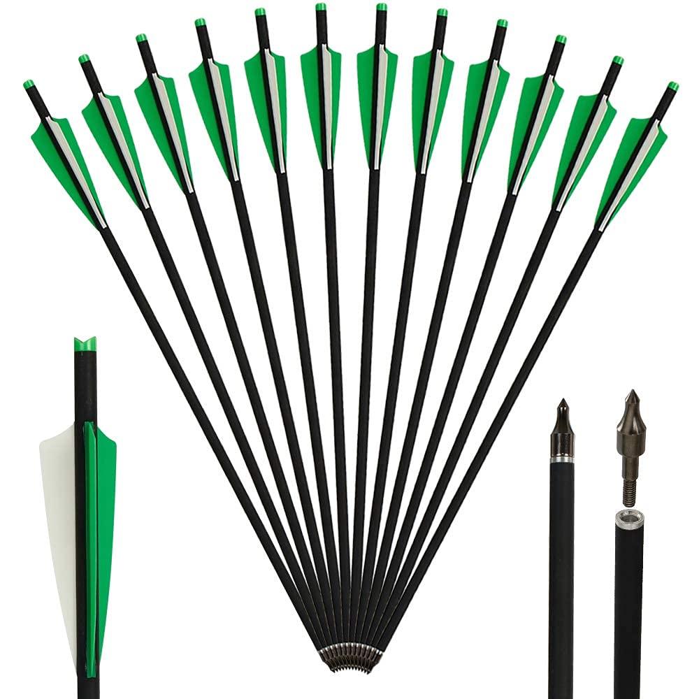 IRQ Carbon Crossbow Bolts 20 Inch Hunting Archery Arrows for Outdoor Practice, Removable Tips (Pack of 12) (20 in Green and White)