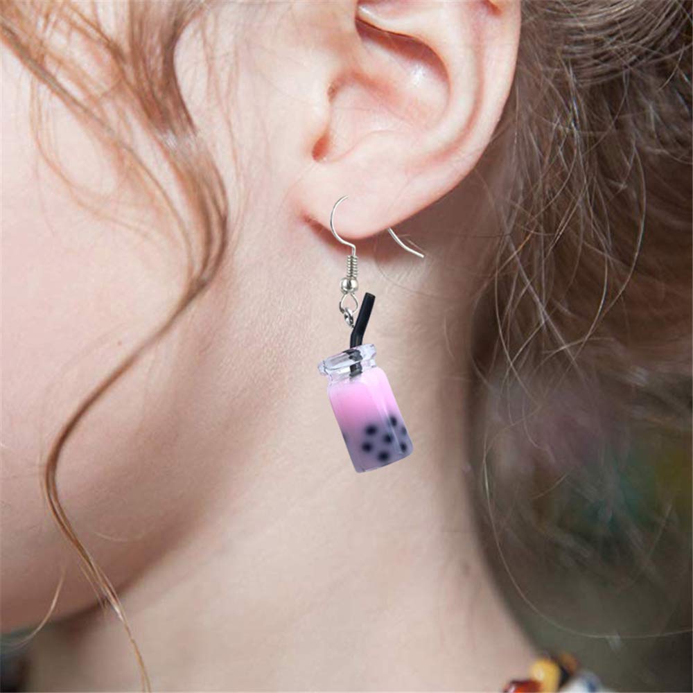 6 Pairs Creative Unique Bubble Boba Tea Dangle Earrings Funny Personality Milk Tea Drink Earring Colorful Glass Bottle Funny Earrings for Women Party Jewelry Gifts (6 Color)