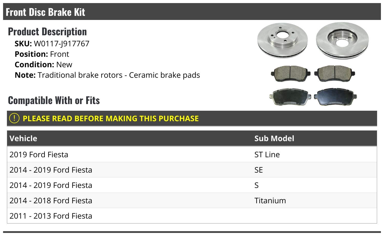 Marketplace Auto Parts Front Ceramic Disc Brake Pad and Rotor Kit - Compatible with 2011-2019 Ford Fiesta