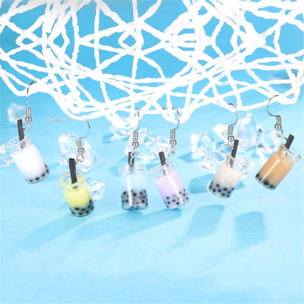 6 Pairs Creative Unique Bubble Boba Tea Dangle Earrings Funny Personality Milk Tea Drink Earring Colorful Glass Bottle Funny Earrings for Women Party Jewelry Gifts (6 Color)