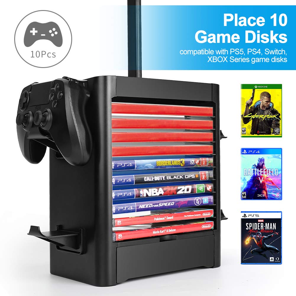 Number-one Game Storage Tower Bracket, Multifunction Gaming Disks Organizer Rack, Most Storage 10 Disk, 2 Headsets Stand 4 Controllers Holder Compatible with PS5/PS4/SwitchPro/XBOX Series Accessories