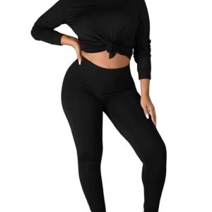 Kaximil Women's Workout Tracksuit 2 Piece Outfits Long Sleeve Top Legging Jogger Pants Set, X-Large, Black