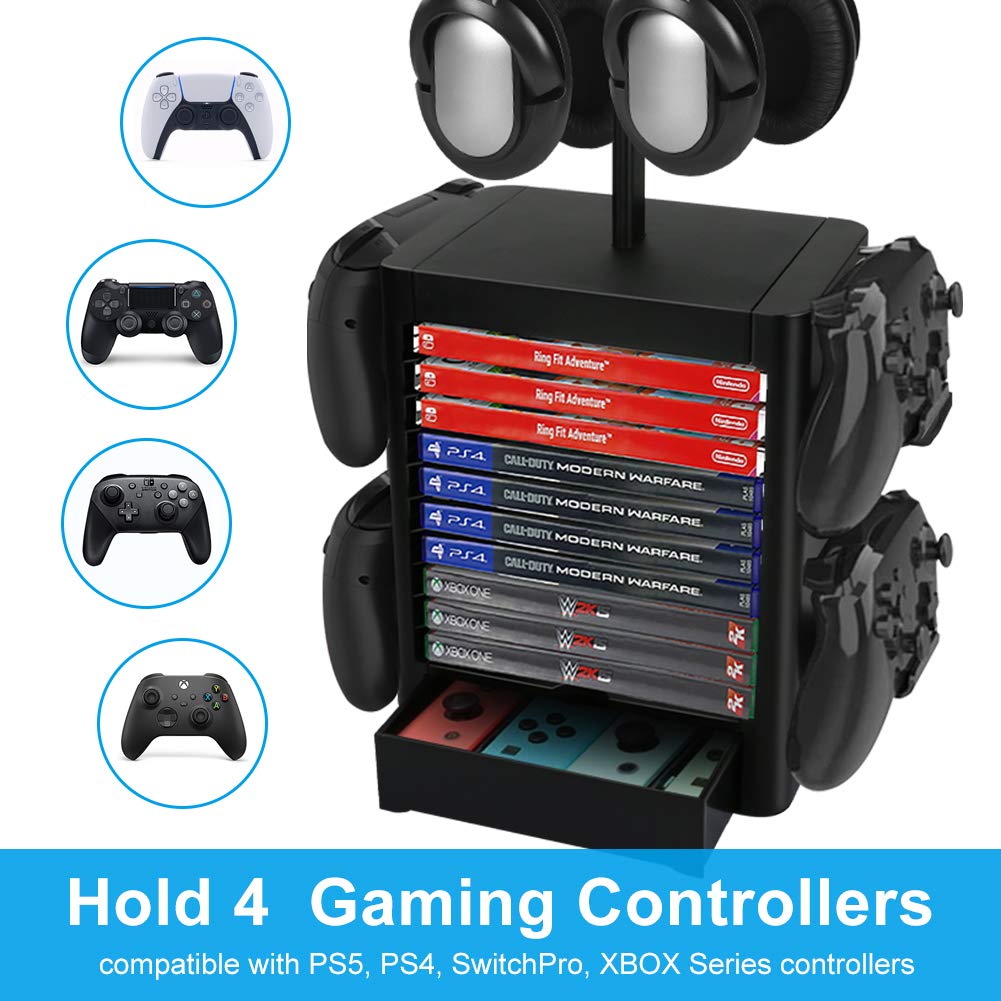 Number-one Game Storage Tower Bracket, Multifunction Gaming Disks Organizer Rack, Most Storage 10 Disk, 2 Headsets Stand 4 Controllers Holder Compatible with PS5/PS4/SwitchPro/XBOX Series Accessories