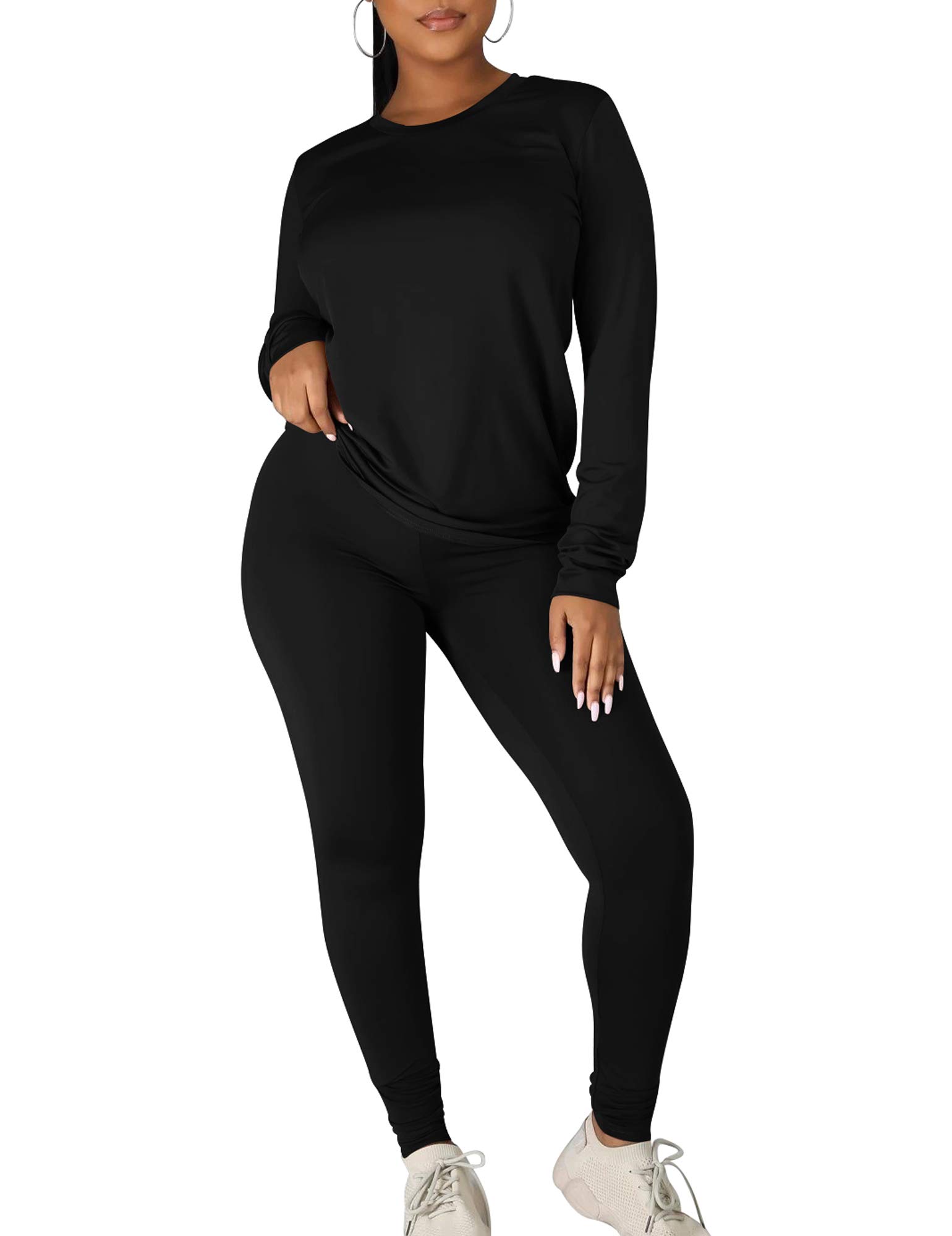 Kaximil Women's Workout Tracksuit 2 Piece Outfits Long Sleeve Top Legging Jogger Pants Set, X-Large, Black