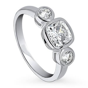 berricle sterling silver 3-stone wedding engagement rings cushion cut cubic zirconia cz anniversary promise ring for women, rhodium plated size 7