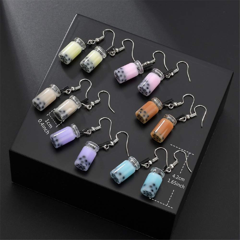 6 Pairs Creative Unique Bubble Boba Tea Dangle Earrings Funny Personality Milk Tea Drink Earring Colorful Glass Bottle Funny Earrings for Women Party Jewelry Gifts (6 Color)