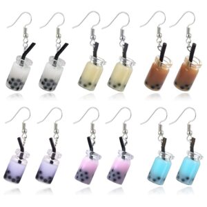 6 pairs creative unique bubble boba tea dangle earrings funny personality milk tea drink earring colorful glass bottle funny earrings for women party jewelry gifts (6 color)