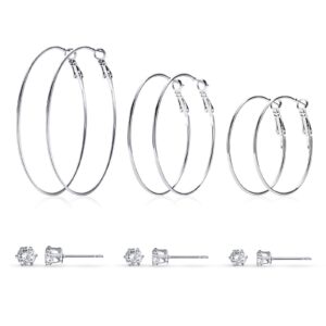 hoop stud earrings set for women: 6 pairs 14k white gold silver big hoops and cubic zirconia stud earrings girls jewelry