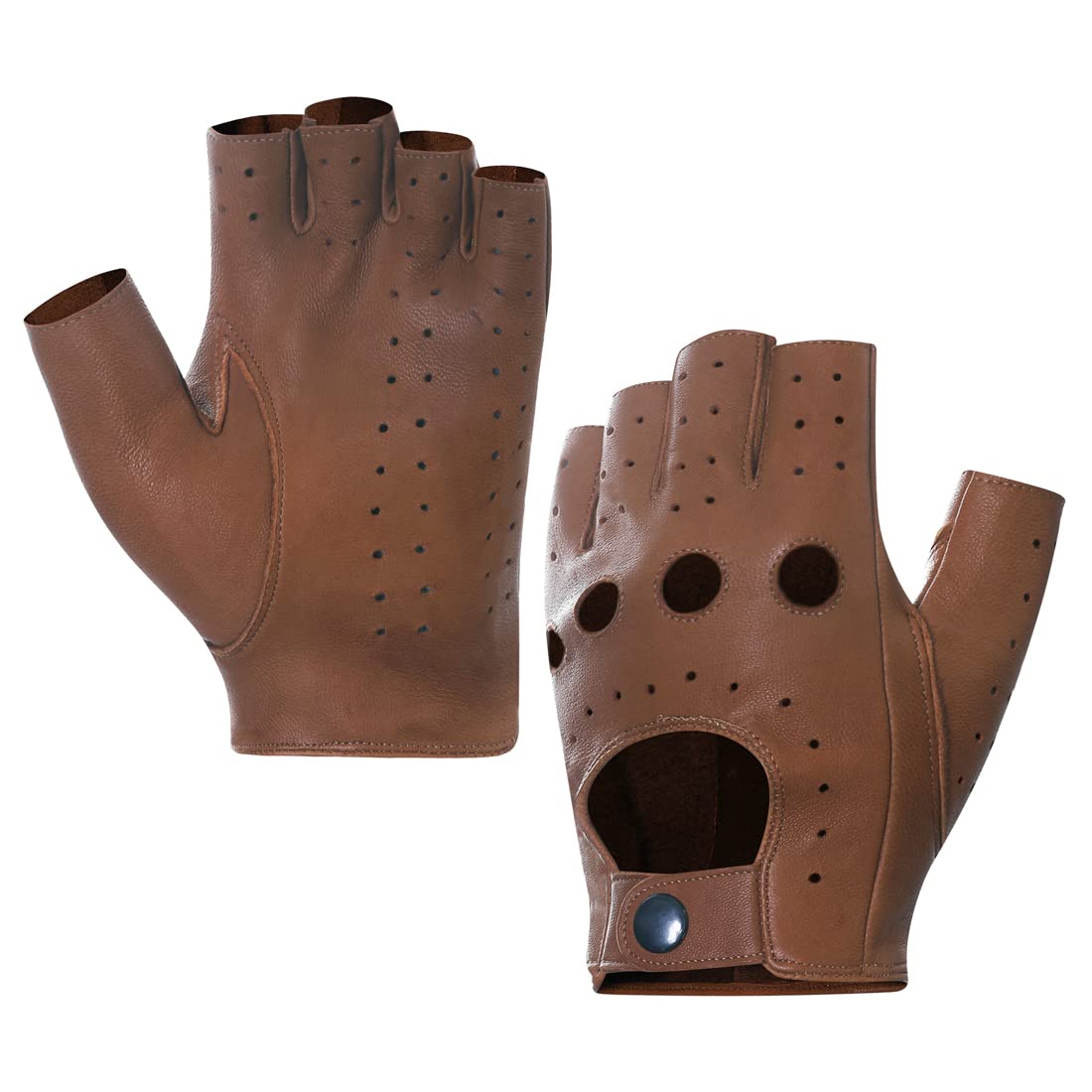 Harssidanzar Mens Fingerless Half Finger Leather Driving Gloves Lambskin Unlined Upgrade GM032US,Saddle,Size L