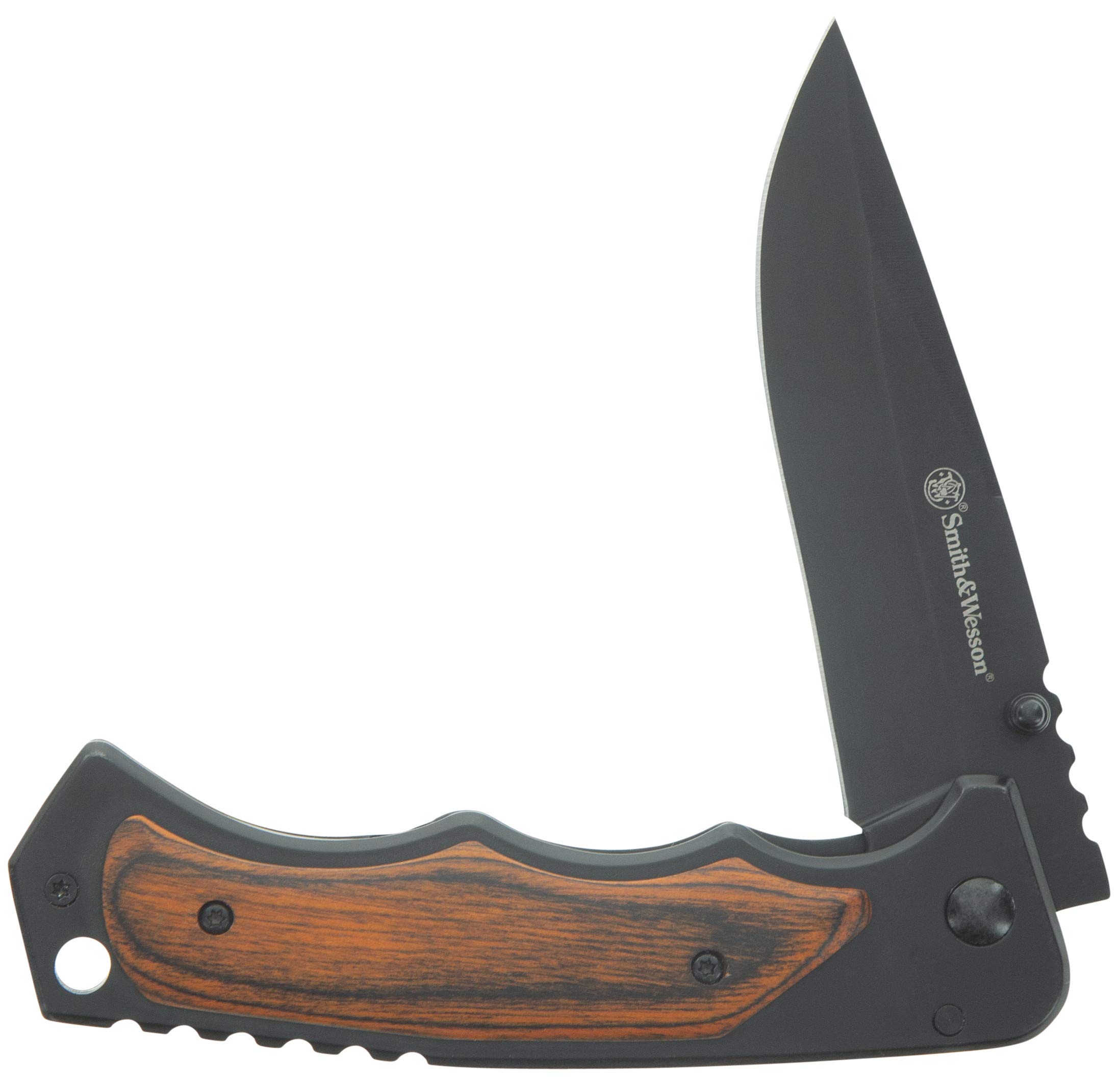 Smith & Wesson 8.5in S.S. Folding Knife with 3.7in Drop Point Blade and S.S. and Real Wood Insert Handle for Outdoor, Tactical, Survival and EDC