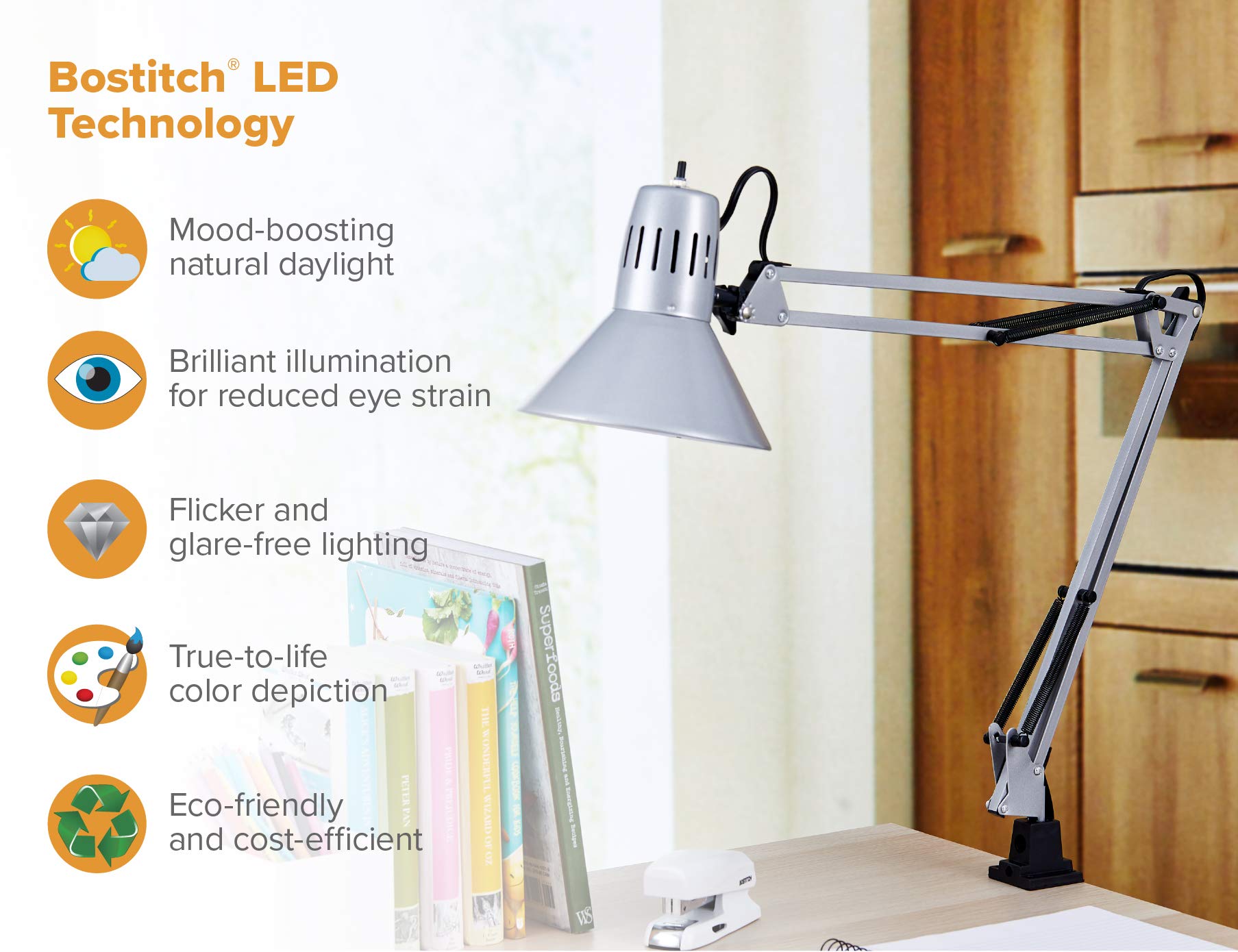 Bostitch Office VLF100-SLV Swing Arm Desk Lamp with Clamp Mount, 36" Reach with Multi-Joint Adjustment, Includes Replaceable LED Bulb (VLF), Silver