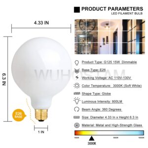 WUHOSTAM 15W Dimmable LED Large Globe Bulb 3000K Soft White Lighting, 90W Equivalent 900LM E26 Base, Vintage G125 Milky Pearl Opal White Glass LED Filament Light Bulbs, Smooth Dimming, 1 Pack