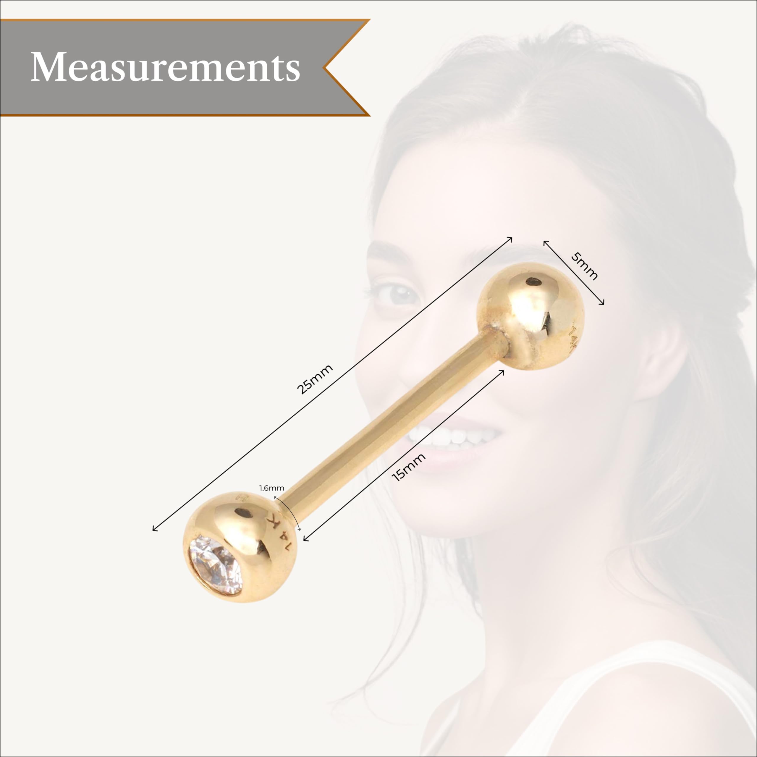 JewelryWeb - Solid 14k Gold 14G Cubic Zirconia 5mm Ball Straight Barbell Internally Threaded Tongue Ring - Tongue Piercing Jewelry for Men and Women - Hypoallergenic Body Jewelry