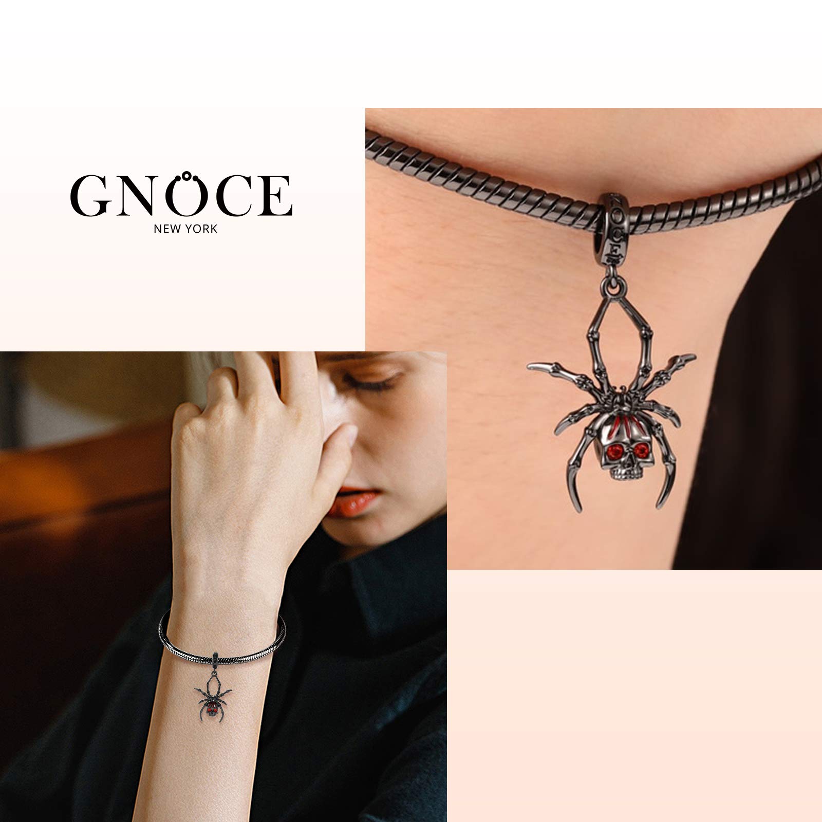 GNOCE Spider Skull Pendant Charm Sterling Silver Black Plated Dangle Charm Fit Bracelet/Necklace Gift For Women Wife