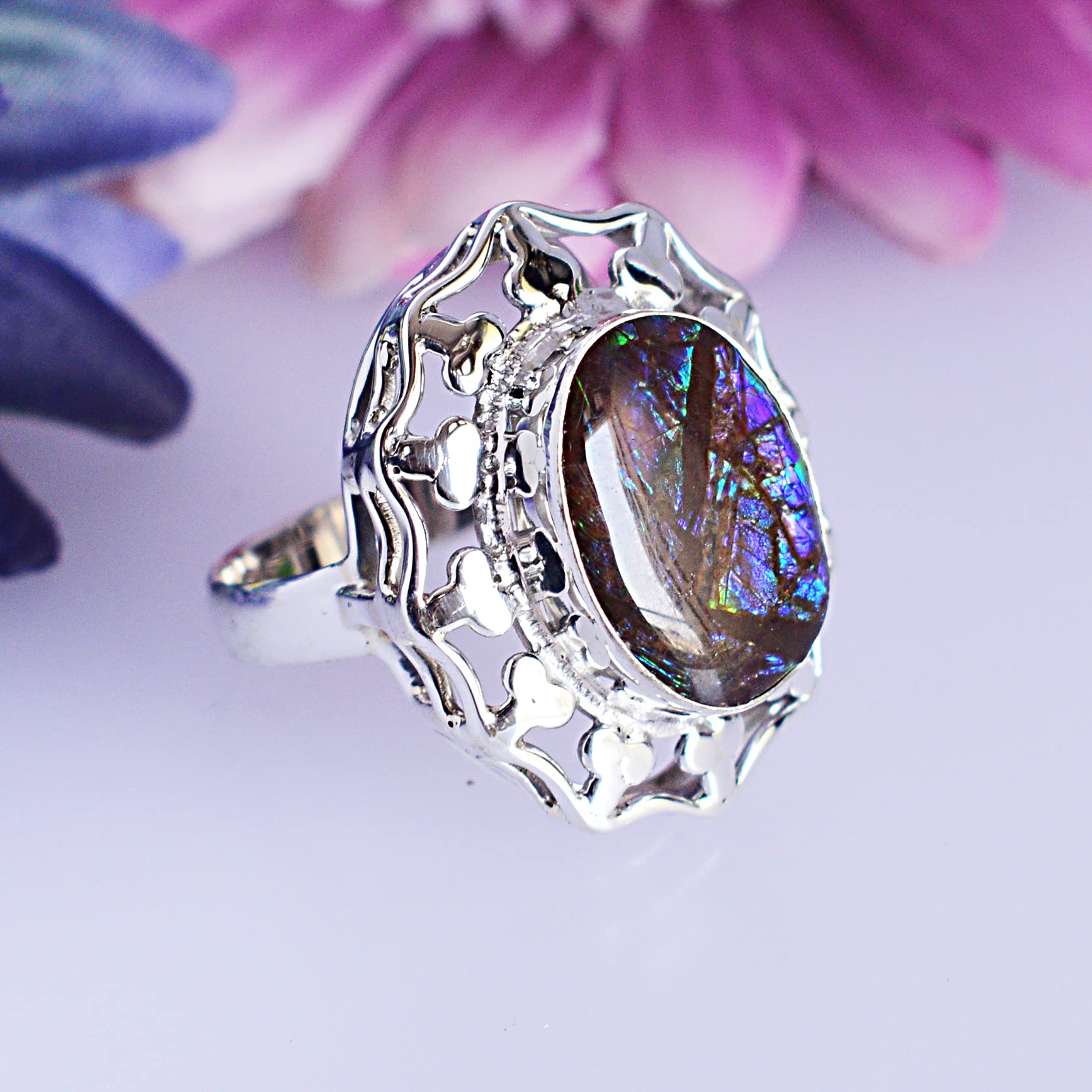 Ravishing Impressions Genuine Ammolite Gemstone 925 Solid Sterling Silver Ring Handmade Jewelry For Women