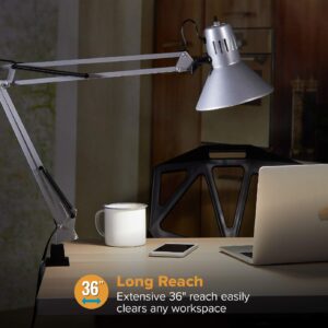 Bostitch Office VLF100-SLV Swing Arm Desk Lamp with Clamp Mount, 36" Reach with Multi-Joint Adjustment, Includes Replaceable LED Bulb (VLF), Silver