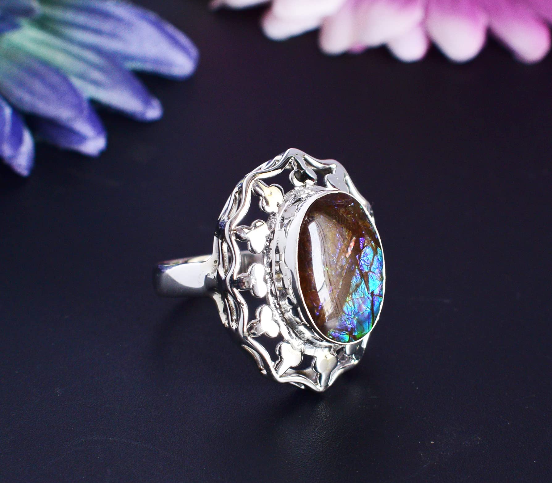 Ravishing Impressions Genuine Ammolite Gemstone 925 Solid Sterling Silver Ring Handmade Jewelry For Women