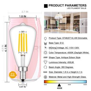 CRLight 4W Candelabra LED Edison Bulb 45W Equivalent 4000K Daylight White 450LM Dimmable, E12 Antique ST48 / ST14 Clear Glass LED Light Bulbs, Pack of 6