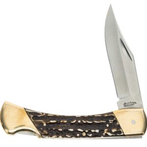 Uncle Henry Next Gen Staglon LB8CP Bear Paw 8.7in Folding Knife with 3.7in Stainless Steel Clip-Point Blade, Brass Bolsters, and a Staglon Handle for Hunting, Camping, EDC, and Outdoors