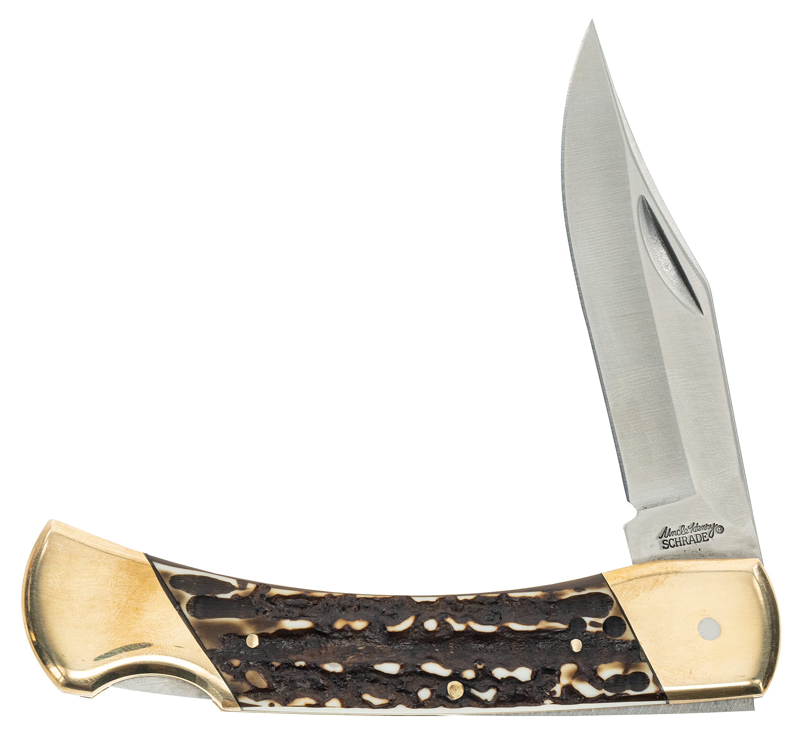 Uncle Henry Next Gen Staglon LB8CP Bear Paw 8.7in Folding Knife with 3.7in Stainless Steel Clip-Point Blade, Brass Bolsters, and a Staglon Handle for Hunting, Camping, EDC, and Outdoors