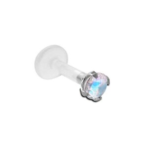 Bioflex Push Pin Labret Nose Stud Ring 2mm Aurora AB CZ 5mm Length 16G